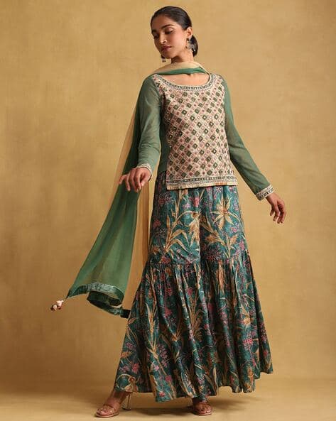 RITU KUMAR Relaxed Fit Embroidered Cotton Kurti with Sharara & Dupatta