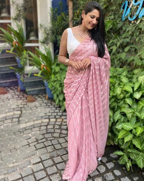 Designer Saree : Baby pink crepe silk designer ruffle saree ...