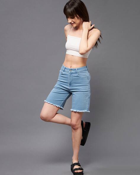 High-Rise Denim Shorts with Fringed Hem