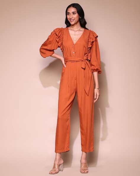 LABEL RITU KUMAR Relaxed Fit Ruffle Jumpsuit with Waist Tie-Up
