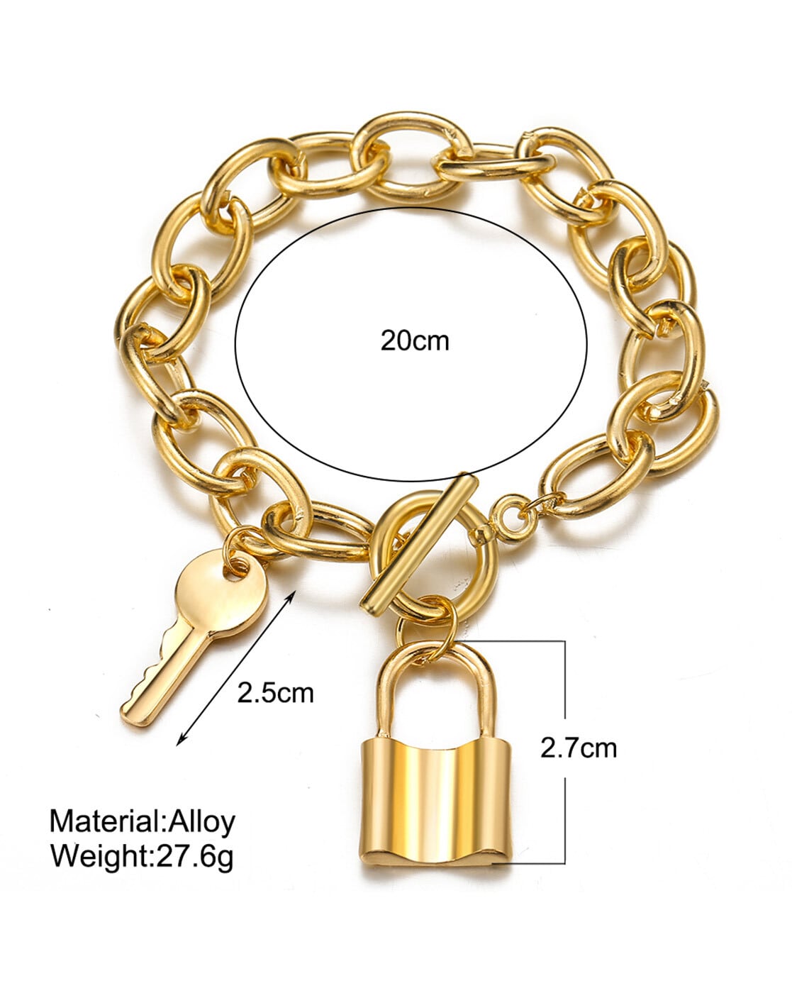 Gold plated link chain bracelet with heart shape lock -