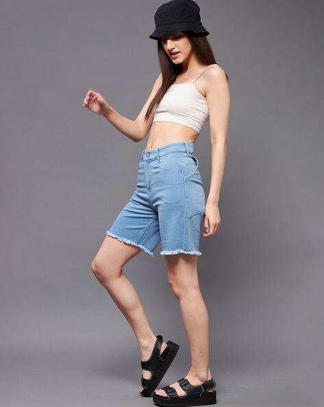High-Rise Denim Shorts with Fringed Hem