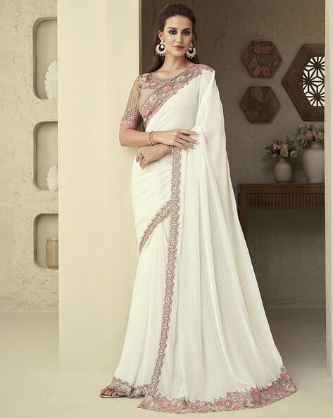 Saree : White georgette embroidered saree