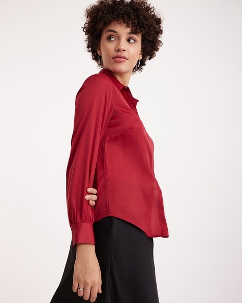 Buy Maroon Raw Silk Plain Band Collar Puff Sleeve Blouse For Women by  Weaver Story Online at Aza Fashions.