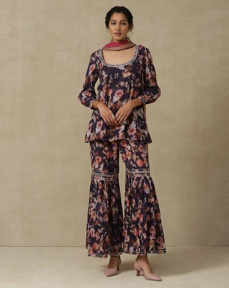 Aarke Ritu Kumar Relaxed Fit Printed Kurta with Sharara & Dupatta