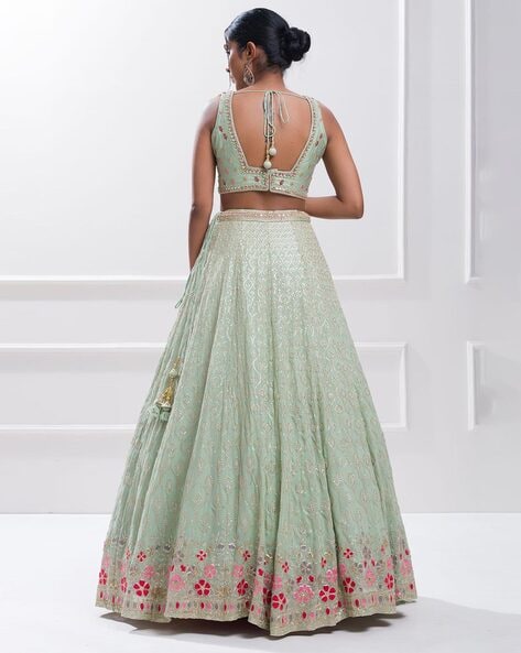 Embroidered Net Lehenga in Sea Green : LUF2875