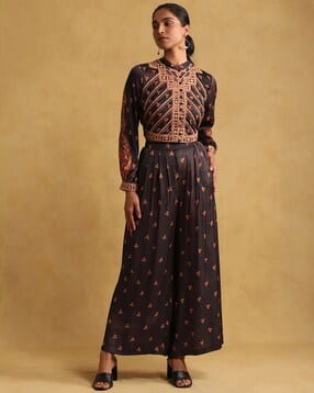 Printed Satin Ensemble Jacket with Palazzo