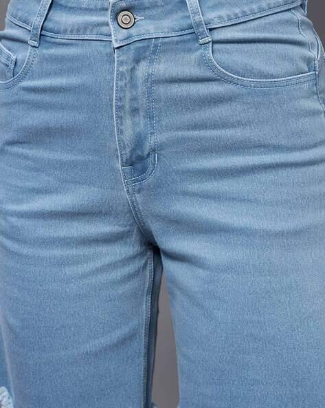 High-Rise Denim Shorts with Fringed Hem