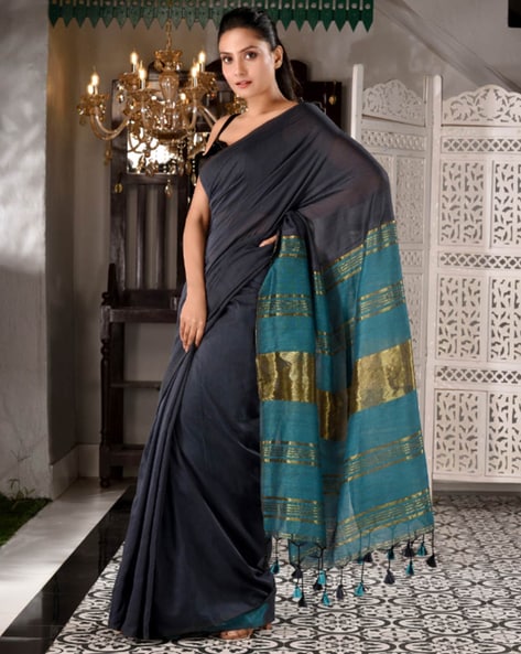 Tamara' Black Pure Satin Silk Geometric Banarasi Handloom Saree - Tilfi