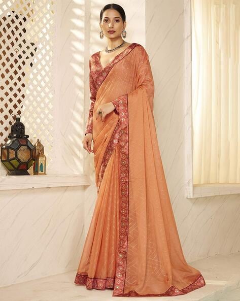 Printed Orangish Peach Chiffon Saree Champa Lace Details. (Blouse Not  Included)