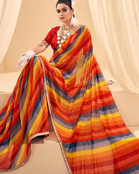 Orange & Multi Color Georgette Printed and Embroidered Saree | Set saree, Georgette  sarees, Saree