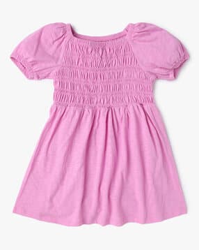 Smocked Fit & Flare Dress with Puff Sleeves-image-5