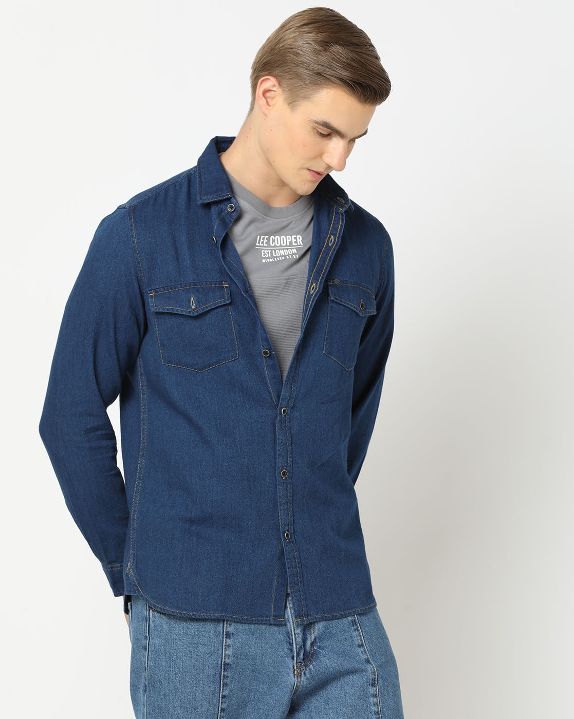 LEE 101+ BLUE Denim Chambray Shirt Slim Button Down Colorblock Sanforized  Size M | eBay