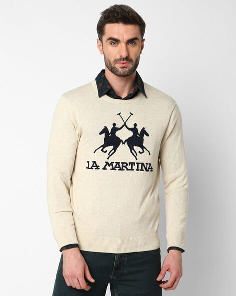 Intarsia-Knit Long-Sleeves Round-Neck Cotton Sweater