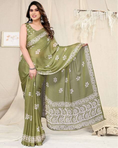 Buy Geroo Jaipur Green Hand Painted Floral Saree with Blouse for Women  Online @ Tata CLiQ Luxury