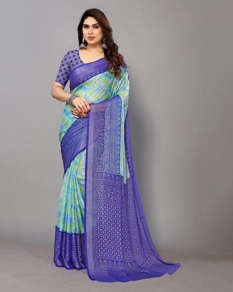 Buy Sky Blue Shibori Print Chiffon Saree Online At Ethnic Plus