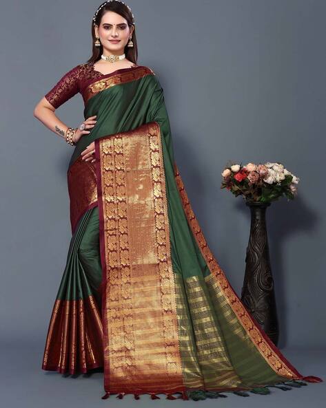 Black Kanjeevaram Silk Saree with Mint Green Border - Tulsi Weaves