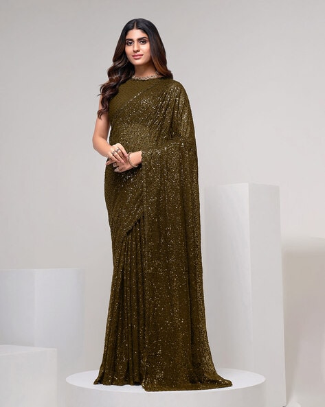 Buy Vallabh Gold Lycra Bottle Green Sequins Frill Saree with Black Blouse  at Amazon.in