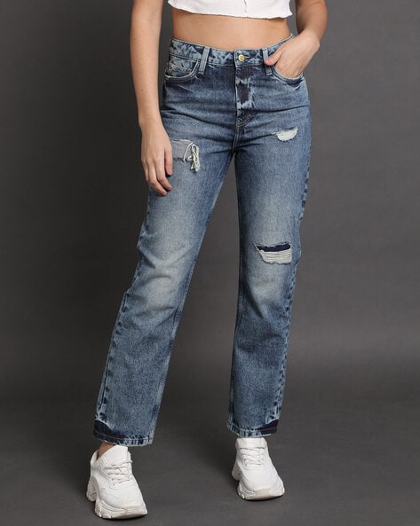 Heavily Washed High-Rise Straight Fit Jeans