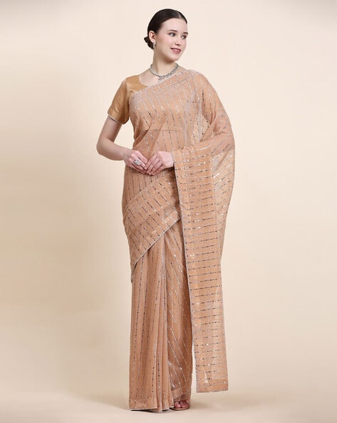 Buy ThishmaFab Peach Color Women's Pure Georgette Full Sequnece Work Saree  with Unstitched Blouse Piece at Amazon.in