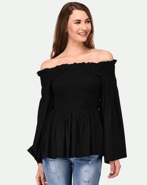 Smocked Peplum Top with Off-Shoulder Sleeves