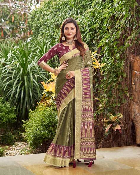 Buy Designer Sarees, Salwar Kameez, Kurtis & Tunic and Lehenga Choli.Well  Formed Silk Dark Olive Green Saree