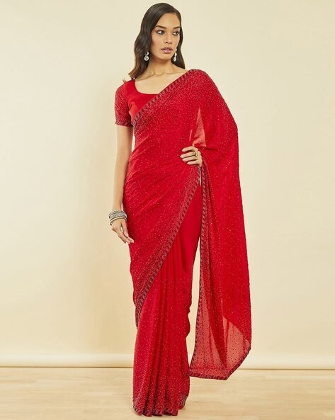 Gratifying Printed Red Faux Crepe Saree -