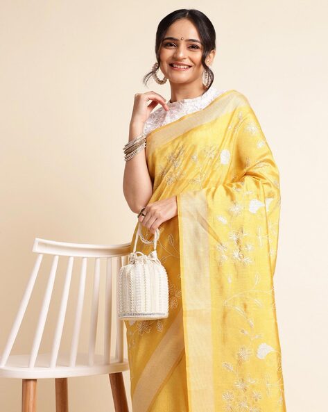 White and Yellow Chikankari Saree / Pure Cotton / Fall and Petticoat  included/ Free Shipping