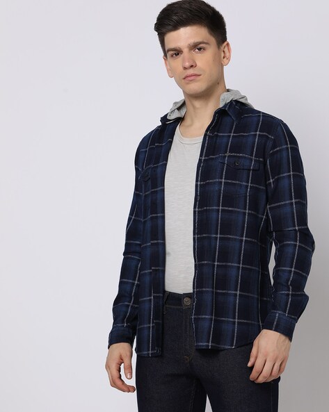 Men Checked Regular Fit Hooded Shirt