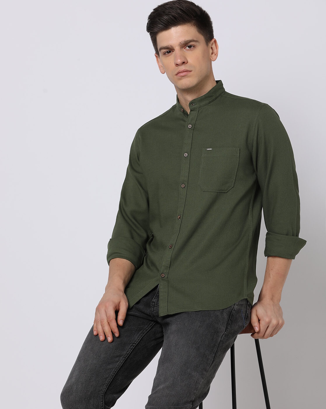 Olive green sale chinese collar shirt