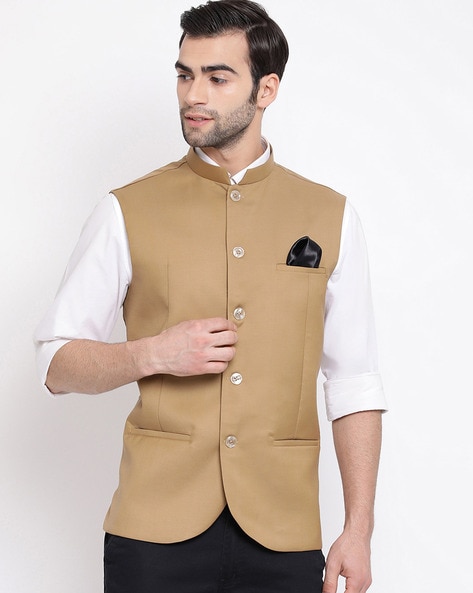 Black Mens Nehru Jacket with Multi-Colored Chinar Style Embroidery Work |  Angad Creations