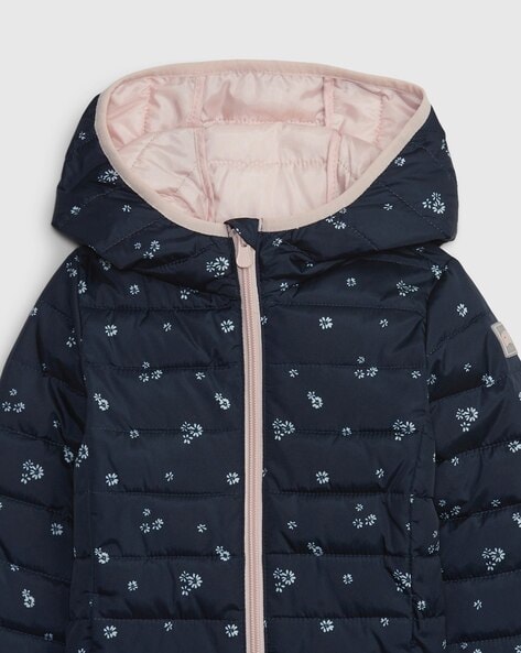 Girls Floral Print Hooded Puffer Jacket