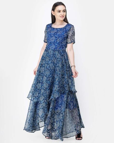 Lucky Brand Women's Indigo Floral Maxi Dress Blue 7W42823 XSm