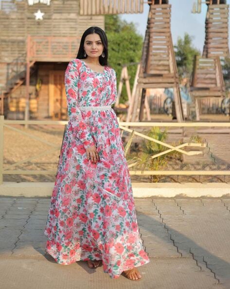 Buy Skyblue Georgette Floral Print Tiered Ethnic Dress With Belt by  Designer SCAKHI for Women online at Kaarimarket.com