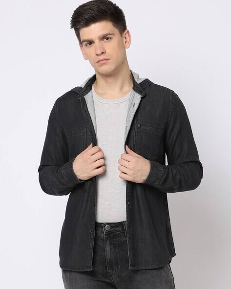 Lee Cooper Men Regular Fit Hooded Denim Shirt