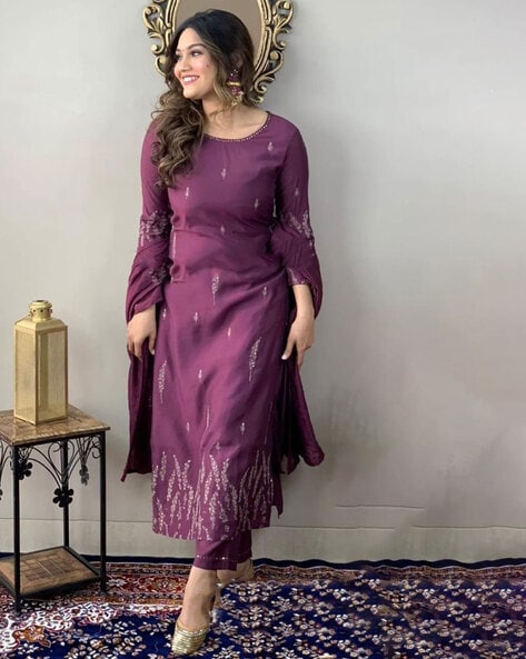 Embroidered Straight Kurta Set with Dupatta
