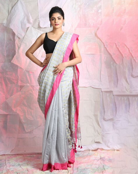 Rekha' Grey-Black Pure Kora by Cotton Satin Banarasi Handloom Saree - Tilfi