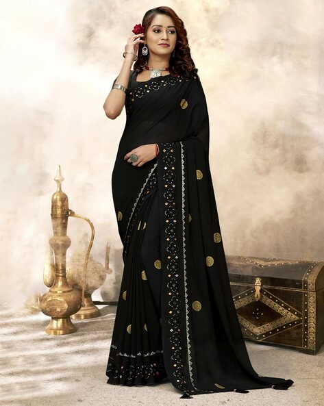 Buy Black Georgette Contemporary Saree with Embroidered Work Online -