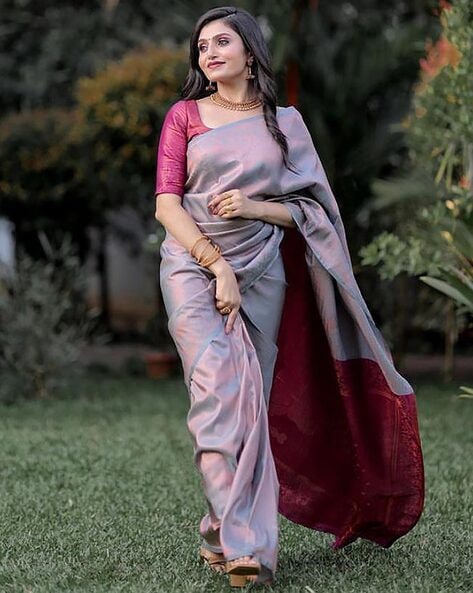 Slate Grey Printed Patola Silk Saree With Contrast Blouse | Kolour