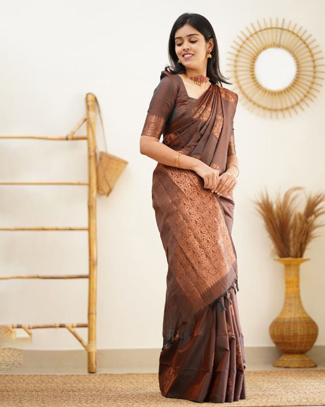 Buy Ocher Brown Pure Plain Cotton Linen Saree-UNM72836 Online at  Unnatisilks.com|UNM72836