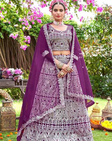 Pink And Purple Embroidered Lehenga Kurti Set - Hatkay