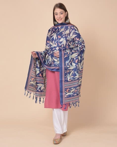 Floral Print Dupatta with Tassels