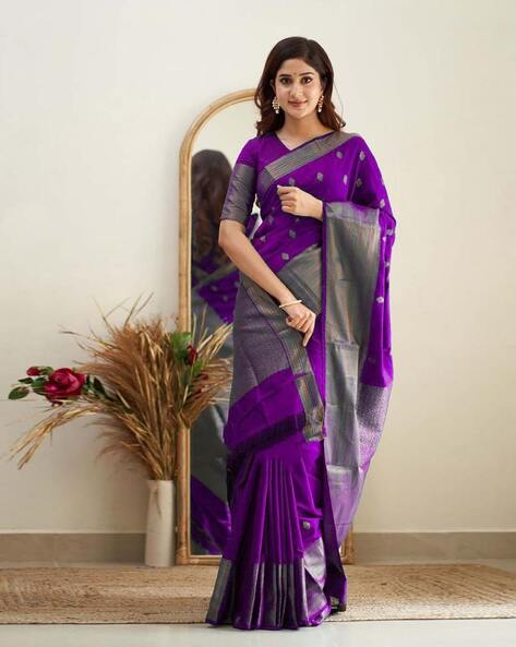 Violet With Silver Border Handloom Cotton Mangalgiri Saree – Indiva