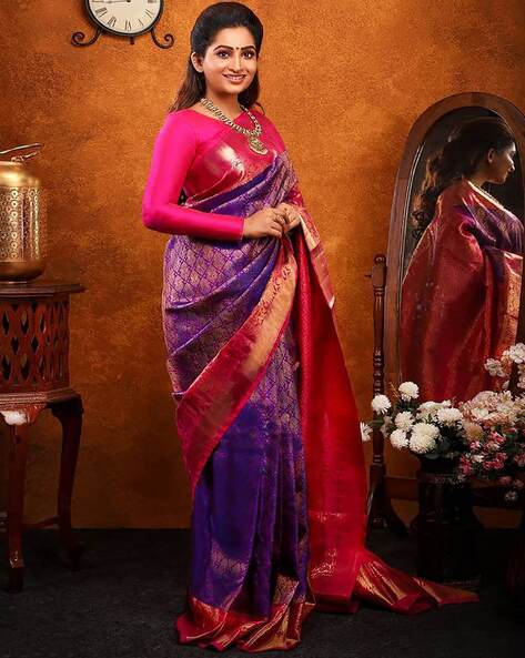 Maharani's Pure Banarasi Silk Paithani Saree - Purple and Orange (with –  Maharani Collections