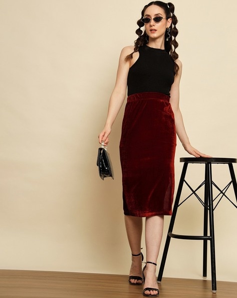 Burgundy pencil skirt velvet best sale