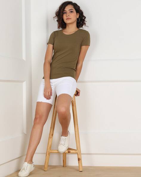 Denim Shorts with Fringed Hem