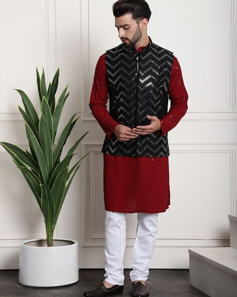 Black Kurta Pajama With Embroidered Nehru Jacket 1056MW11