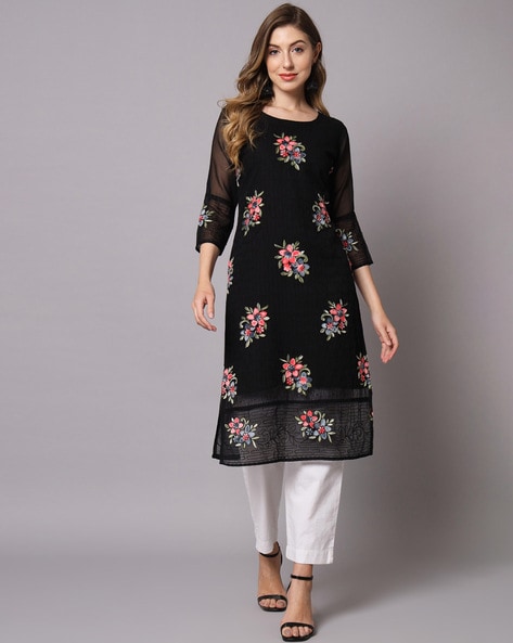 Buy Plus Size Black Floral Printed Kurti Online For Women - Amydus