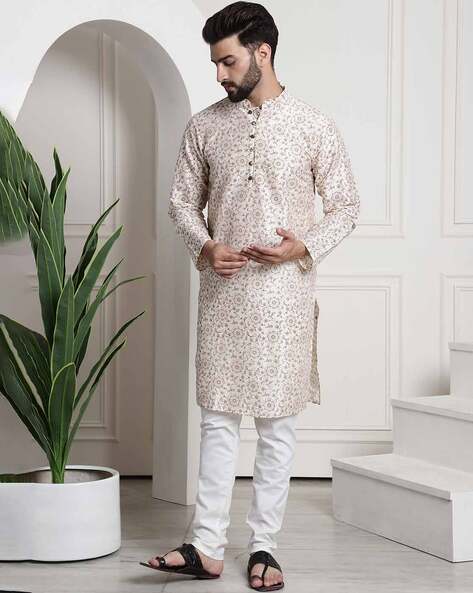 Engaging Function Wear Silk Fabric Cream Kurta Pyjama With Cream Color  Jacket