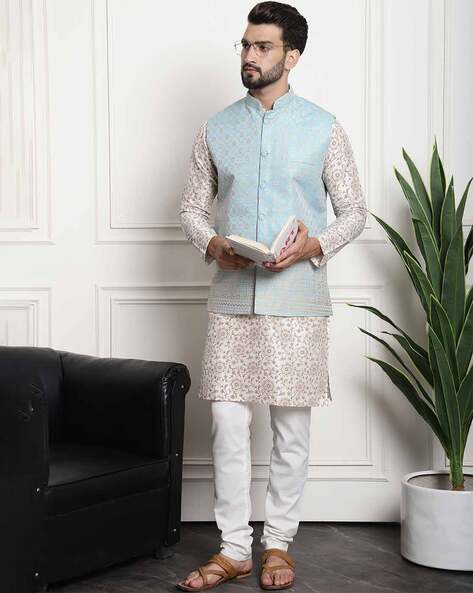 Cream Readymade Silk Kurta Pajama With Jacket 734MW16